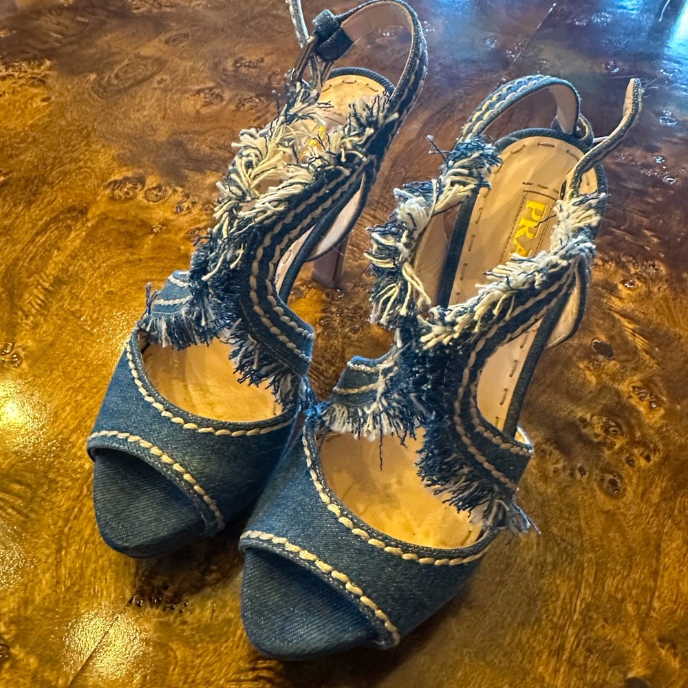 Prada Blue Denim Fringe Platform Open Toe Sandal